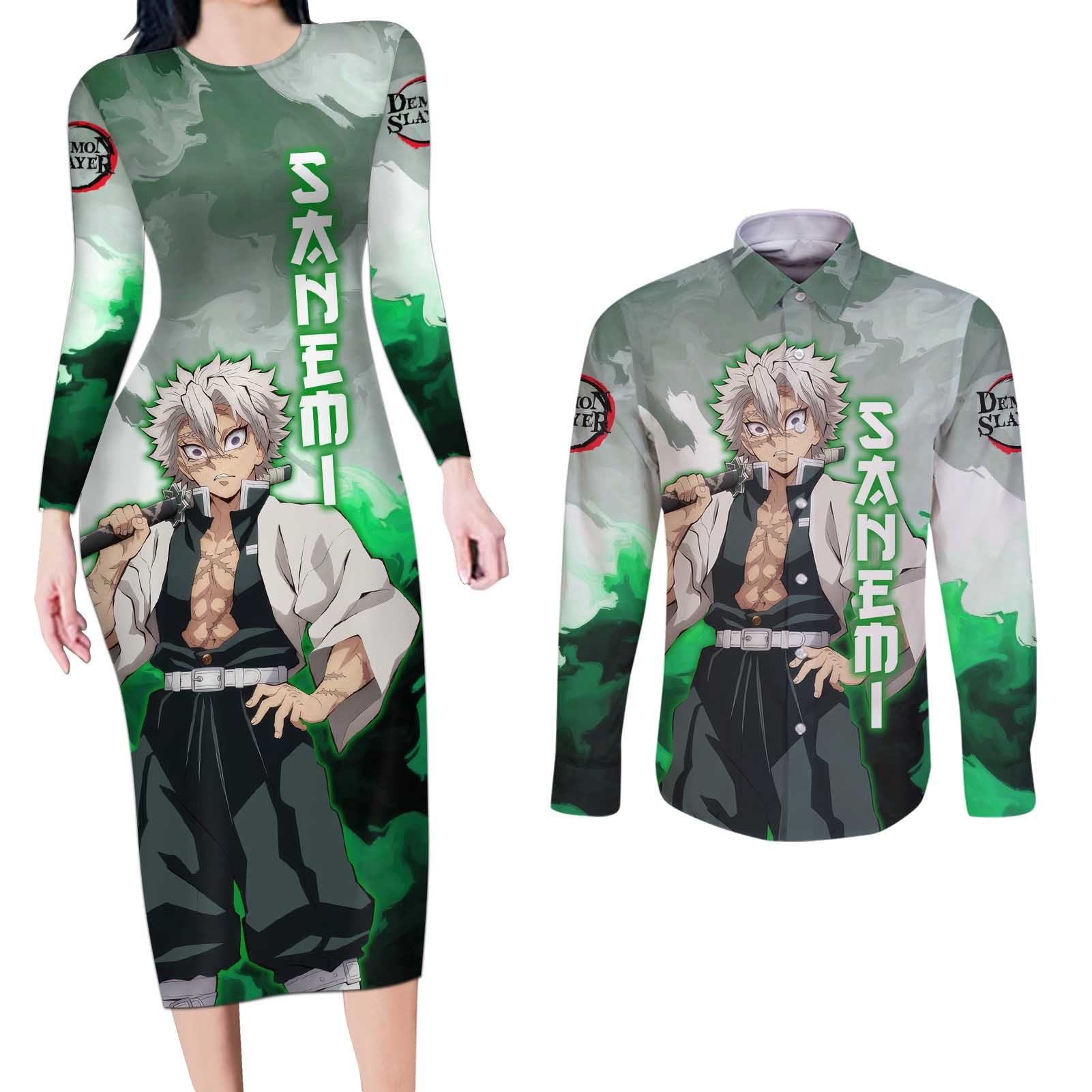 Sanemi Shinazugawa - Demon Slayer Couples Matching Long Sleeve Bodycon Dress and Long Sleeve Button Shirt Anime Style