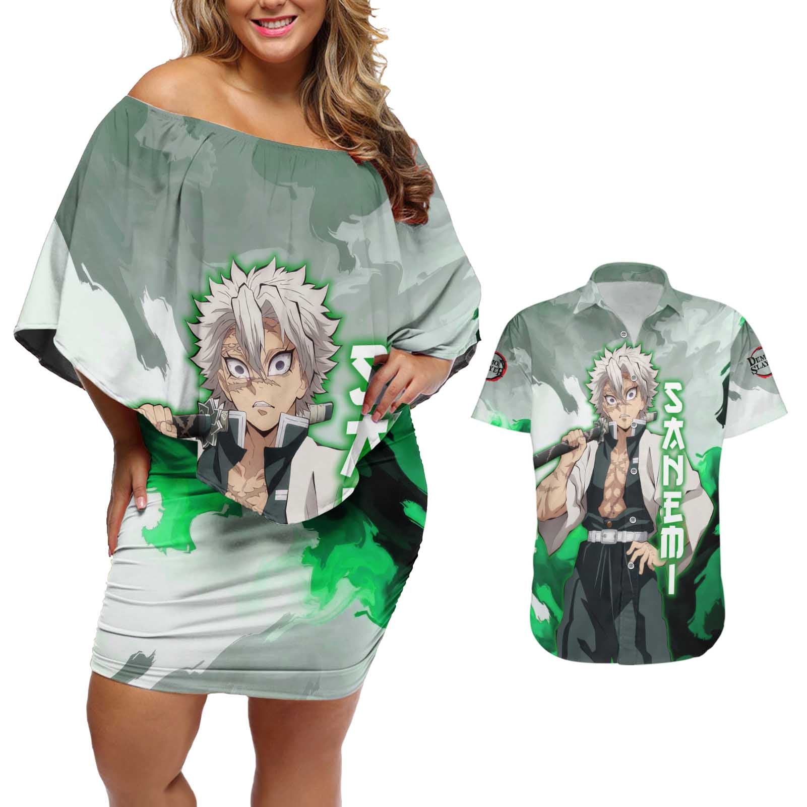 Sanemi Shinazugawa - Demon Slayer Couples Matching Off Shoulder Short Dress and Hawaiian Shirt Anime Style