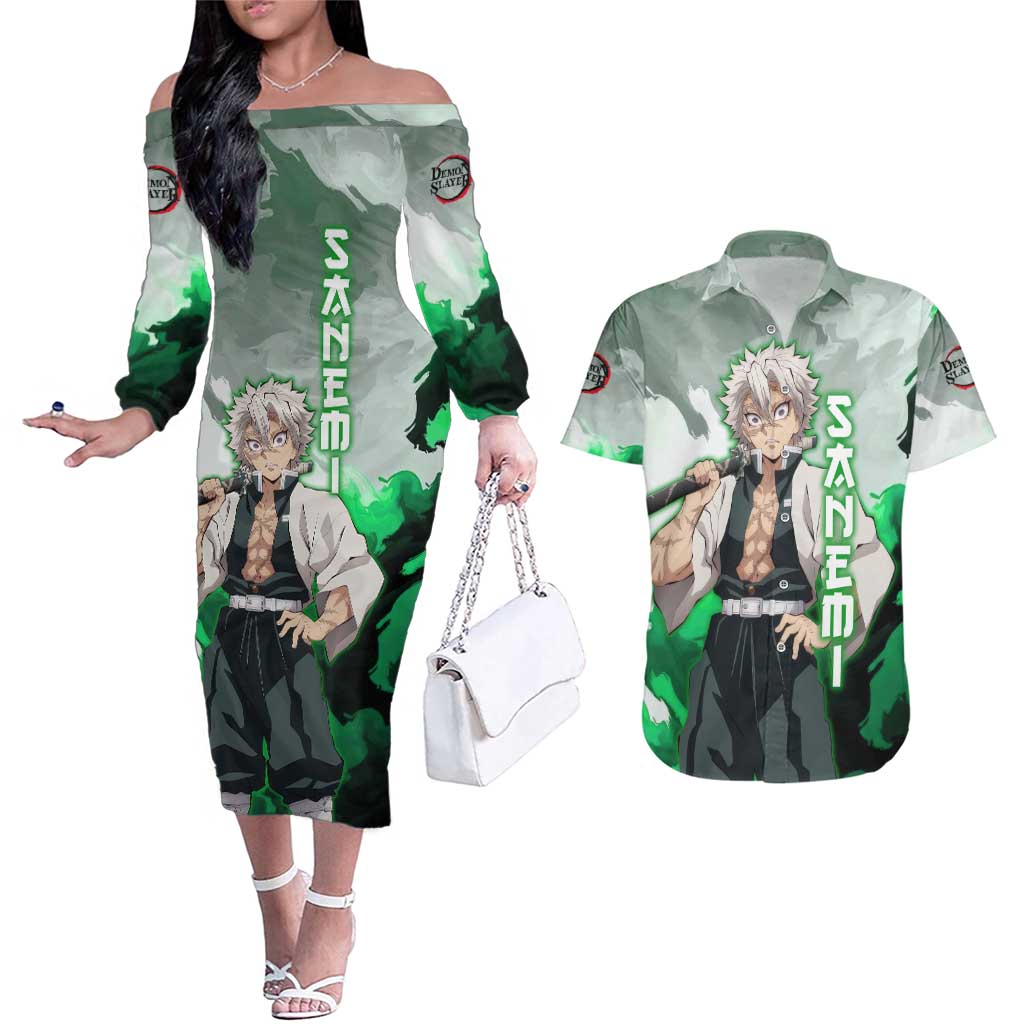 Sanemi Shinazugawa - Demon Slayer Couples Matching Off The Shoulder Long Sleeve Dress and Hawaiian Shirt Anime Style