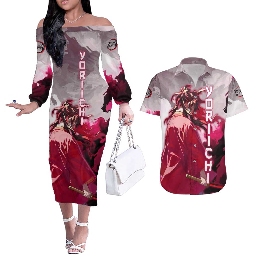 Tsugikuni Yoriichi - Demon Slayer Couples Matching Off The Shoulder Long Sleeve Dress and Hawaiian Shirt Anime Style