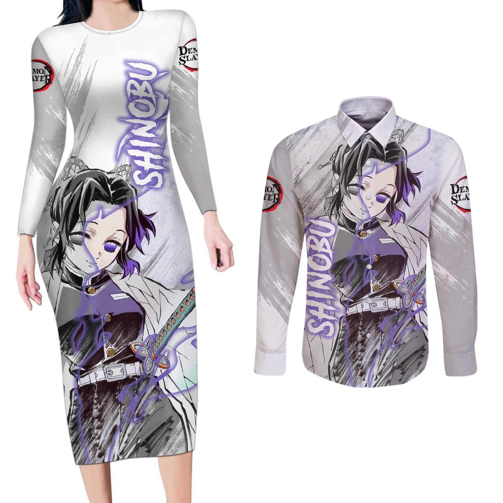 Shinobu Kochou - Semon Slayer Couples Matching Long Sleeve Bodycon Dress and Long Sleeve Button Shirt Anime Style