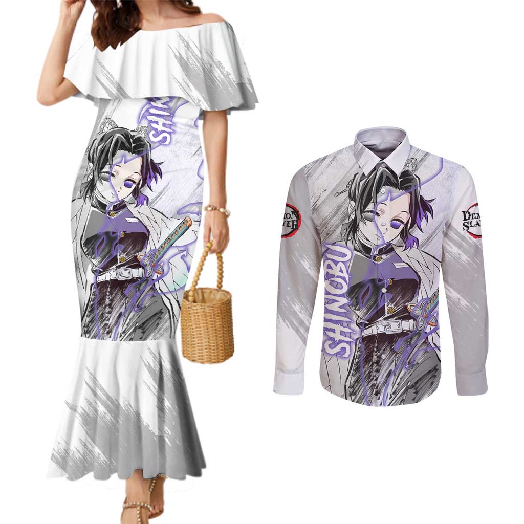 Shinobu Kochou - Semon Slayer Couples Matching Mermaid Dress and Long Sleeve Button Shirt Anime Style