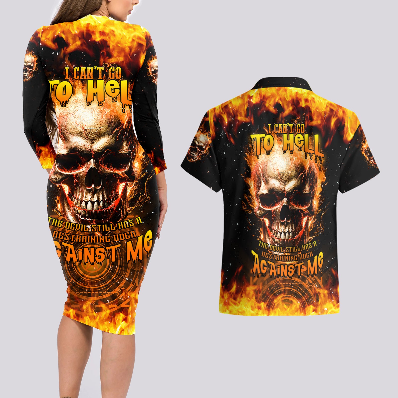 magic-fire-skull-couples-matching-long-sleeve-bodycon-dress-and-hawaiian-shirt-i-cant-go-to-hell-the-devil-still-has-a-rest-training-oder-against-me