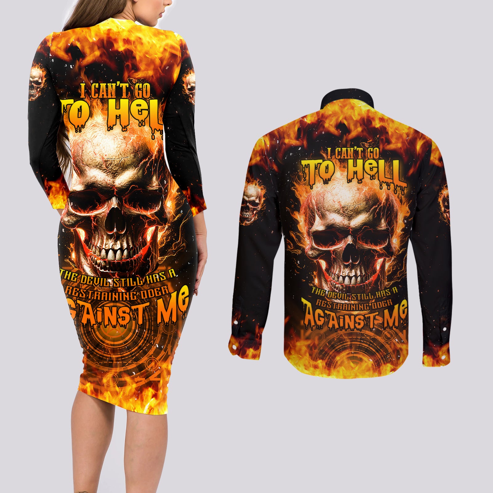 magic-fire-skull-couples-matching-long-sleeve-bodycon-dress-and-long-sleeve-button-shirts-i-cant-go-to-hell-the-devil-still-has-a-rest-training-oder-against-me