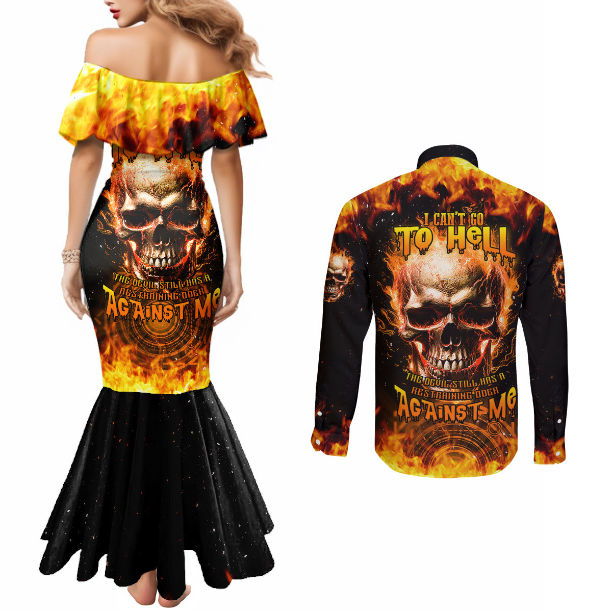 magic-fire-skull-couples-matching-mermaid-dress-and-long-sleeve-button-shirts-i-cant-go-to-hell-the-devil-still-has-a-rest-training-oder-against-me