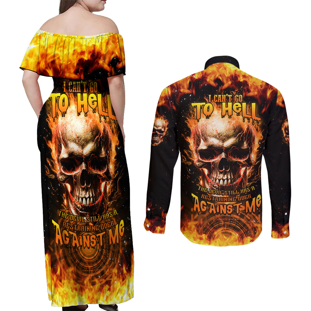 magic-fire-skull-couples-matching-off-shoulder-maxi-dress-and-long-sleeve-button-shirts-i-cant-go-to-hell-the-devil-still-has-a-rest-training-oder-against-me