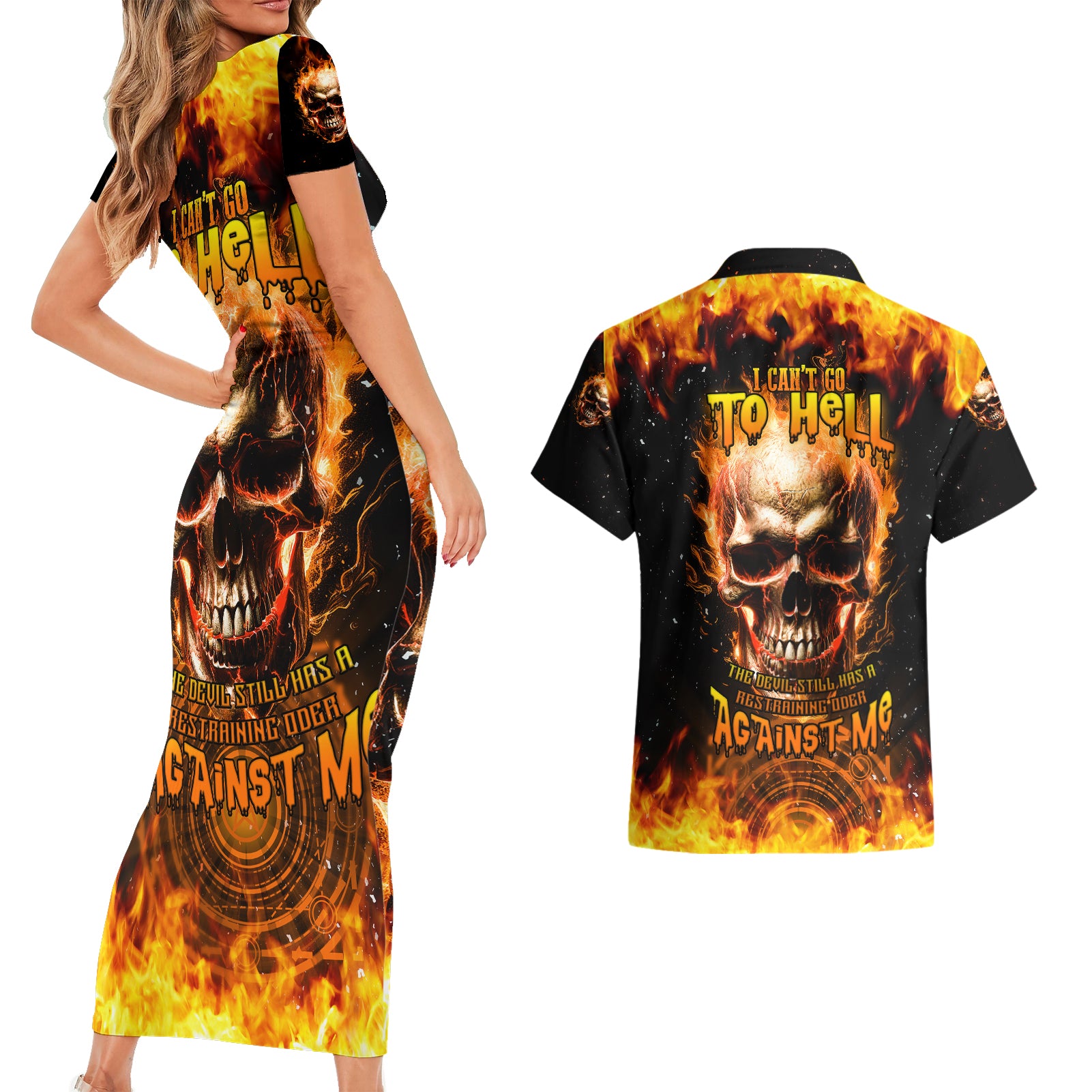 magic-fire-skull-couples-matching-short-sleeve-bodycon-dress-and-hawaiian-shirt-i-cant-go-to-hell-the-devil-still-has-a-rest-training-oder-against-me