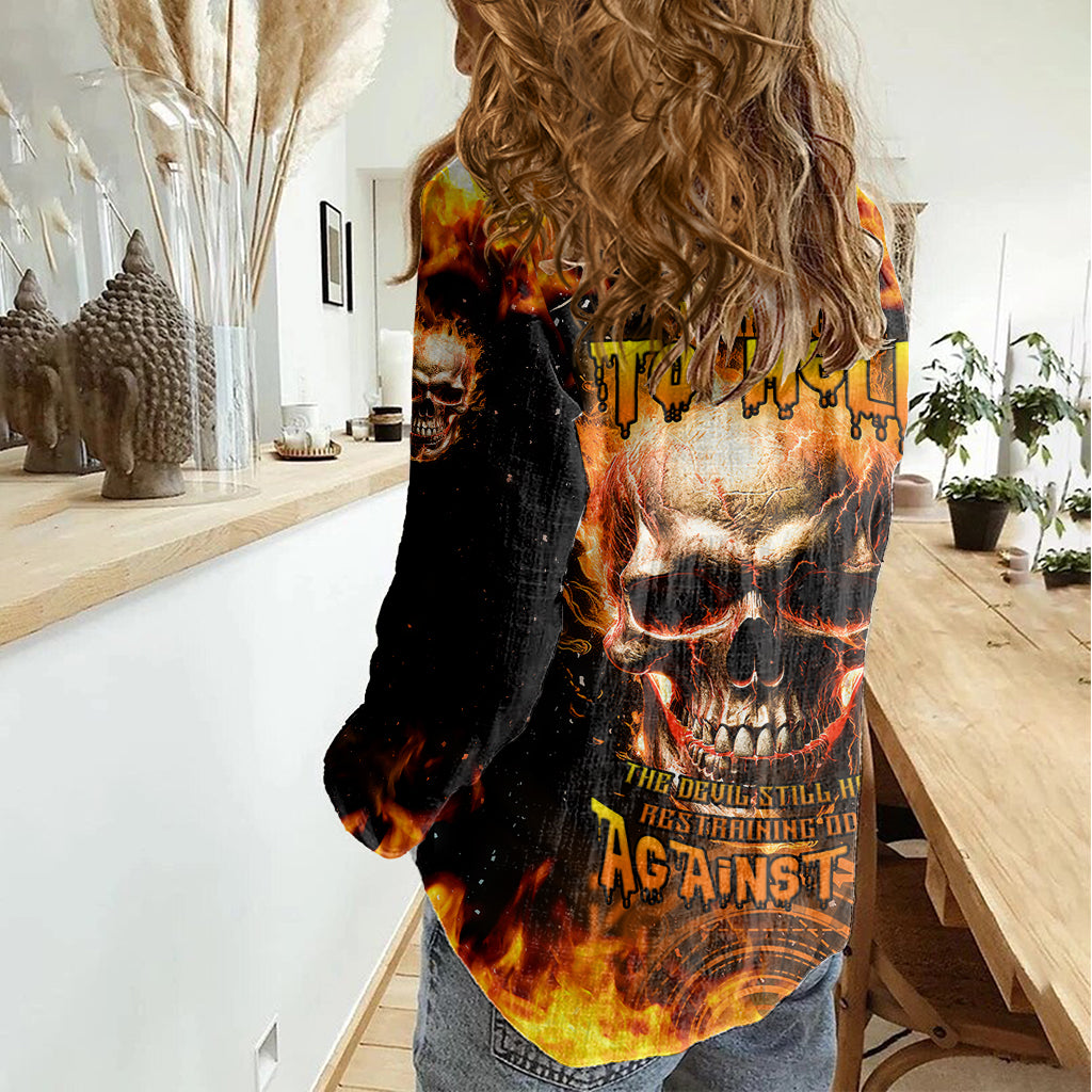 magic-fire-skull-women-casual-shirt-i-cant-go-to-hell-the-devil-still-has-a-rest-training-oder-against-me