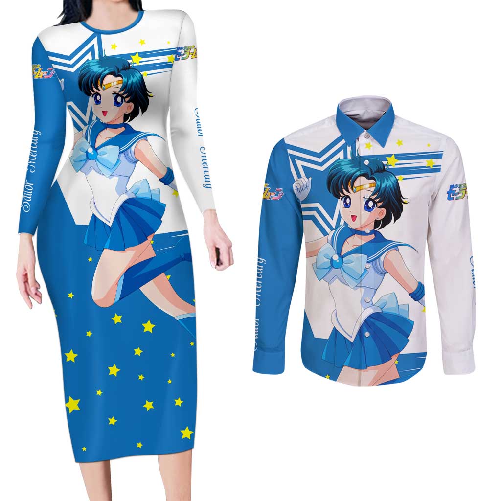 Sailor Mercury - Sailor Moon Couples Matching Long Sleeve Bodycon Dress and Long Sleeve Button Shirt Anime Style