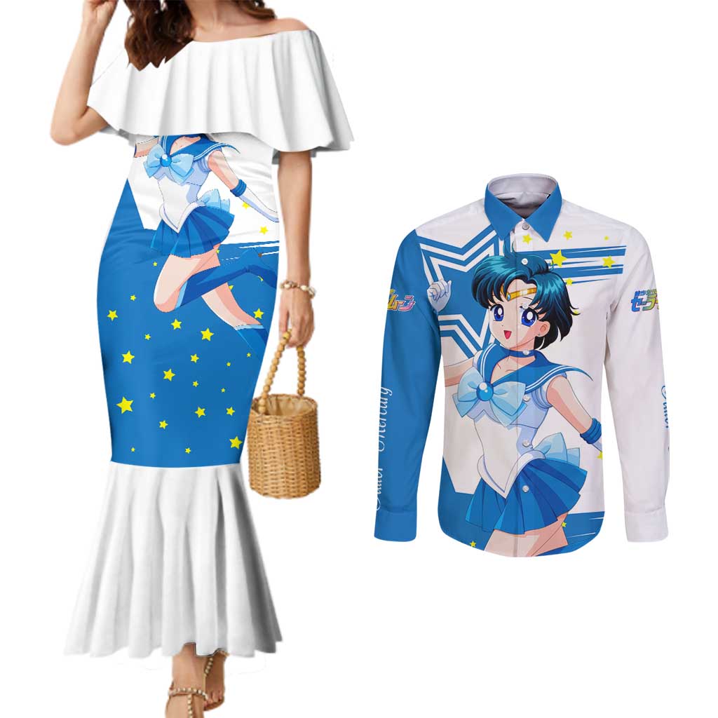 Sailor Mercury - Sailor Moon Couples Matching Mermaid Dress and Long Sleeve Button Shirt Anime Style