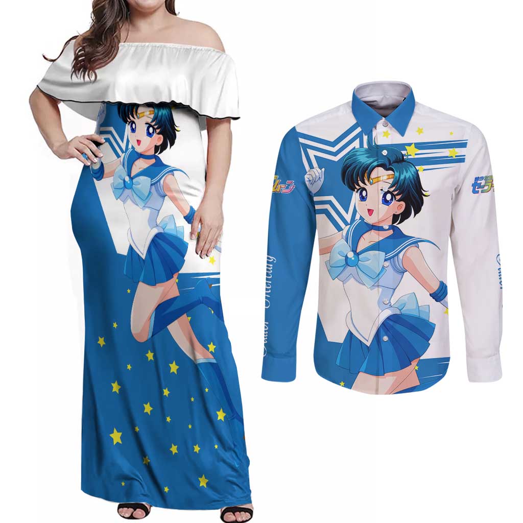 Sailor Mercury - Sailor Moon Couples Matching Off Shoulder Maxi Dress and Long Sleeve Button Shirt Anime Style