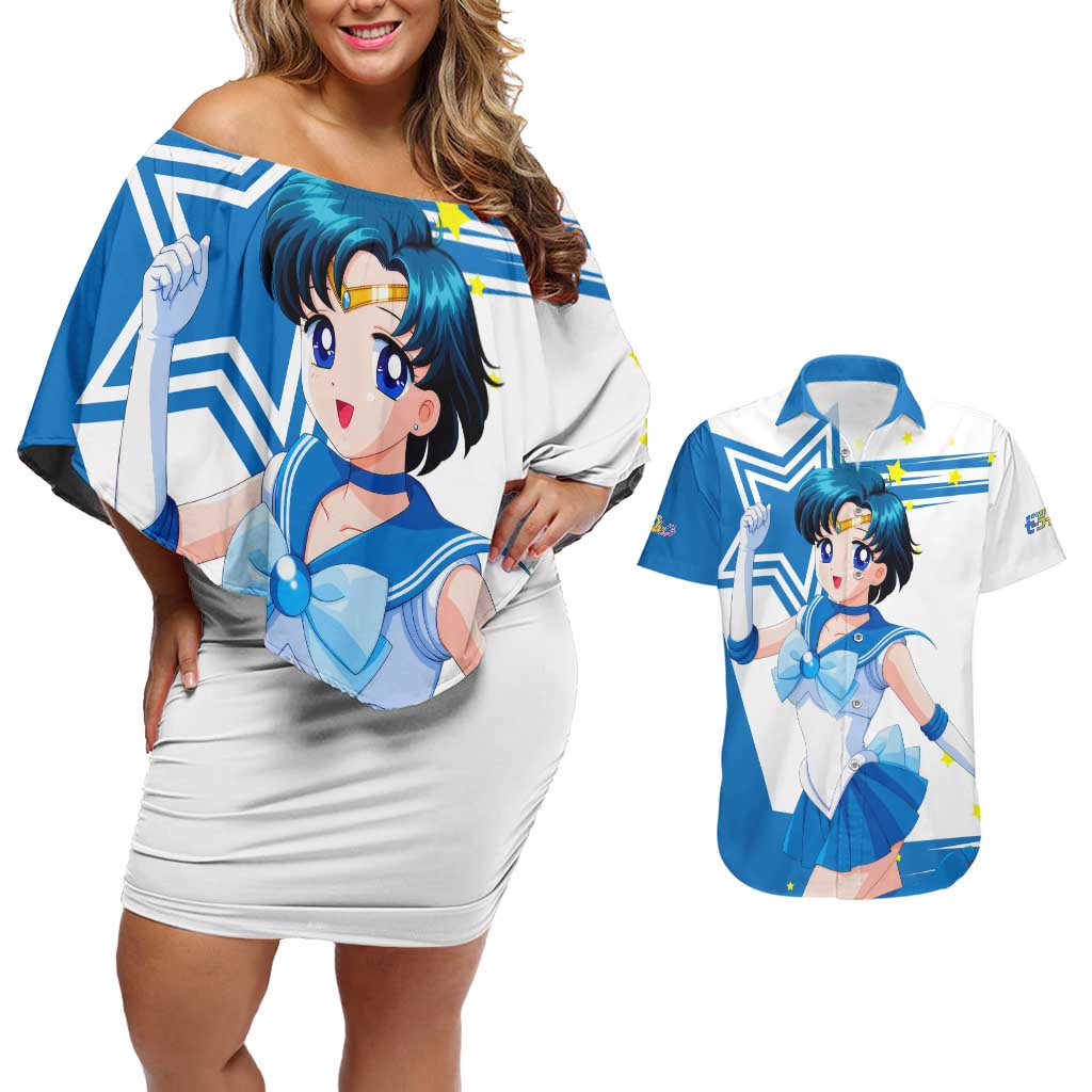 Sailor Mercury - Sailor Moon Couples Matching Off Shoulder Short Dress and Hawaiian Shirt Anime Style