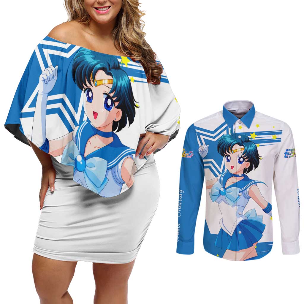 Sailor Mercury - Sailor Moon Couples Matching Off Shoulder Short Dress and Long Sleeve Button Shirt Anime Style