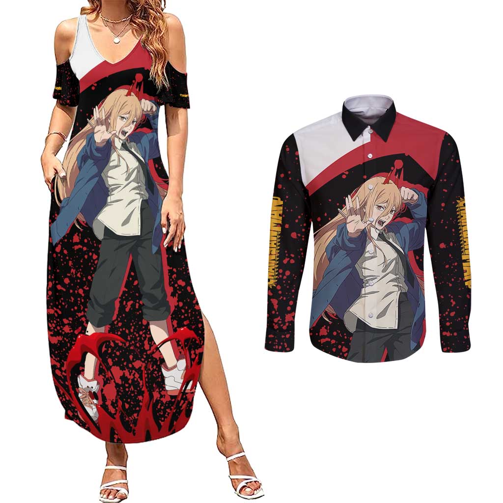 Power - Chainsaw Man Couples Matching Summer Maxi Dress and Long Sleeve Button Shirt Anime Style