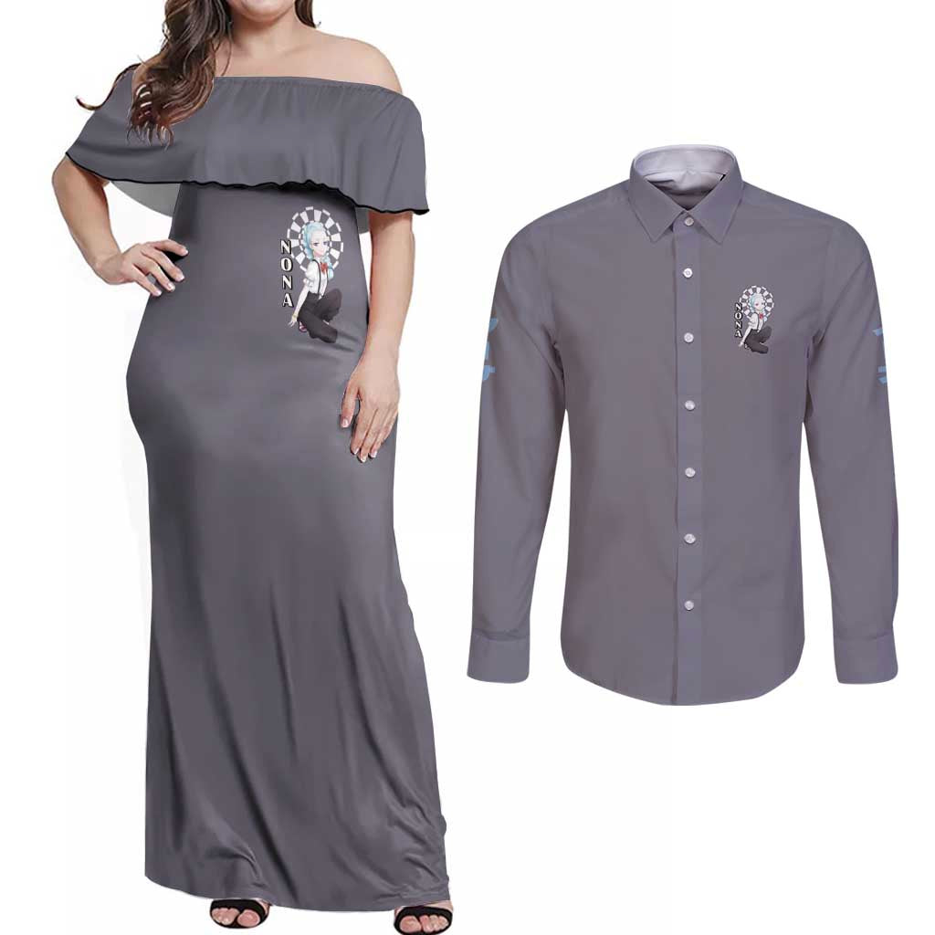 Nona - Death Parade Couples Matching Off Shoulder Maxi Dress and Long Sleeve Button Shirt Anime Style