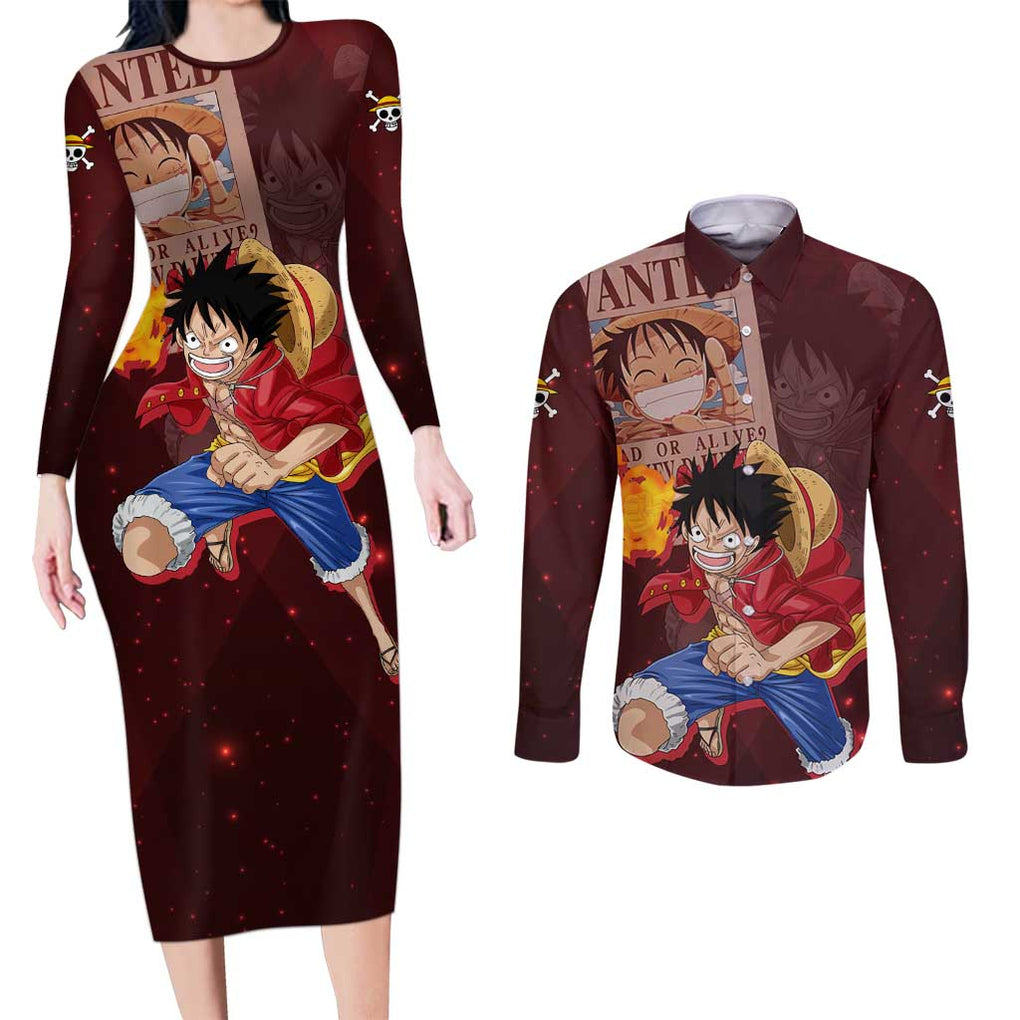 Luffy - Straw Hat - One Piece Couples Matching Long Sleeve Bodycon Dress and Long Sleeve Button Shirt Anime Style