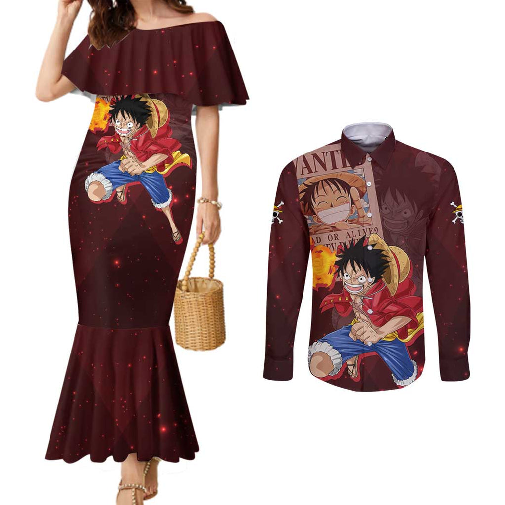 Luffy - Straw Hat - One Piece Couples Matching Mermaid Dress and Long Sleeve Button Shirt Anime Style