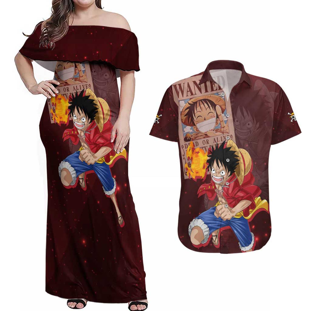 Luffy - Straw Hat - One Piece Couples Matching Off Shoulder Maxi Dress and Hawaiian Shirt Anime Style