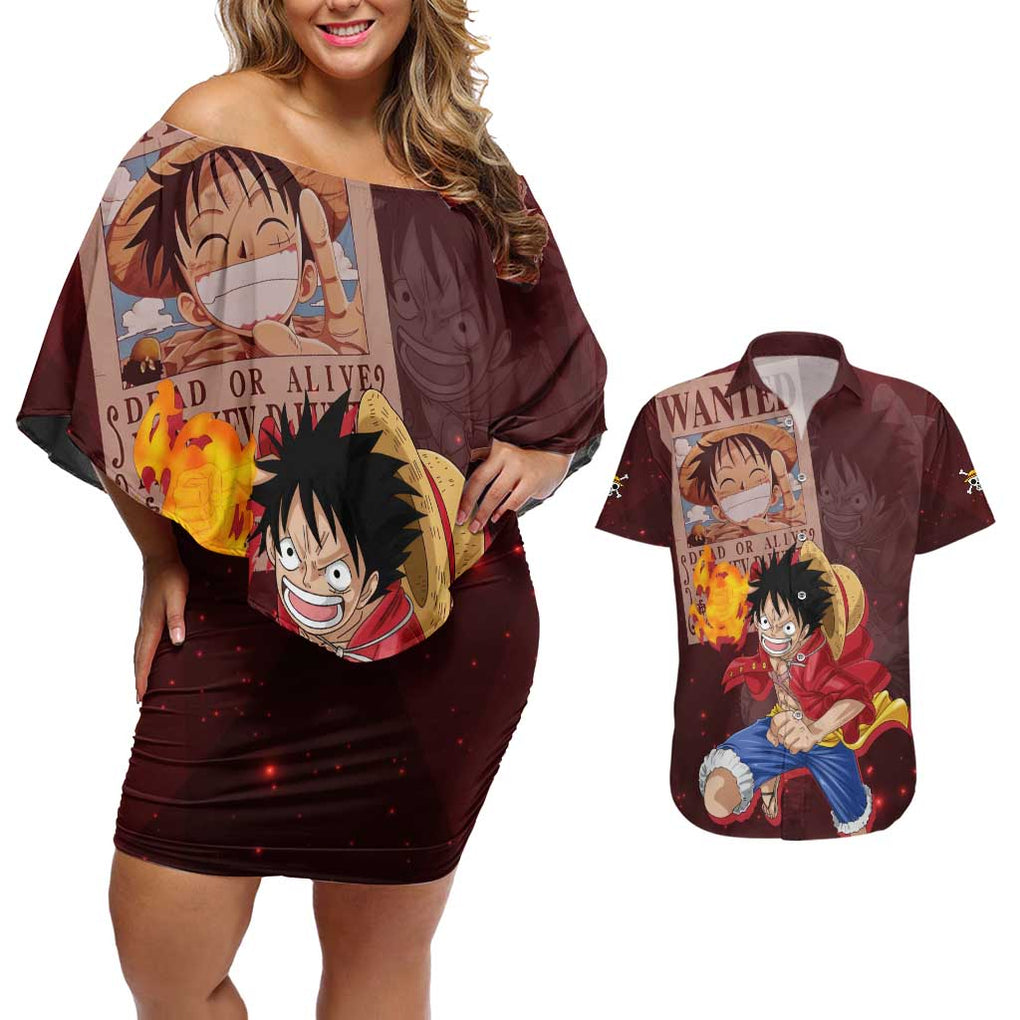 Luffy - Straw Hat - One Piece Couples Matching Off Shoulder Short Dress and Hawaiian Shirt Anime Style