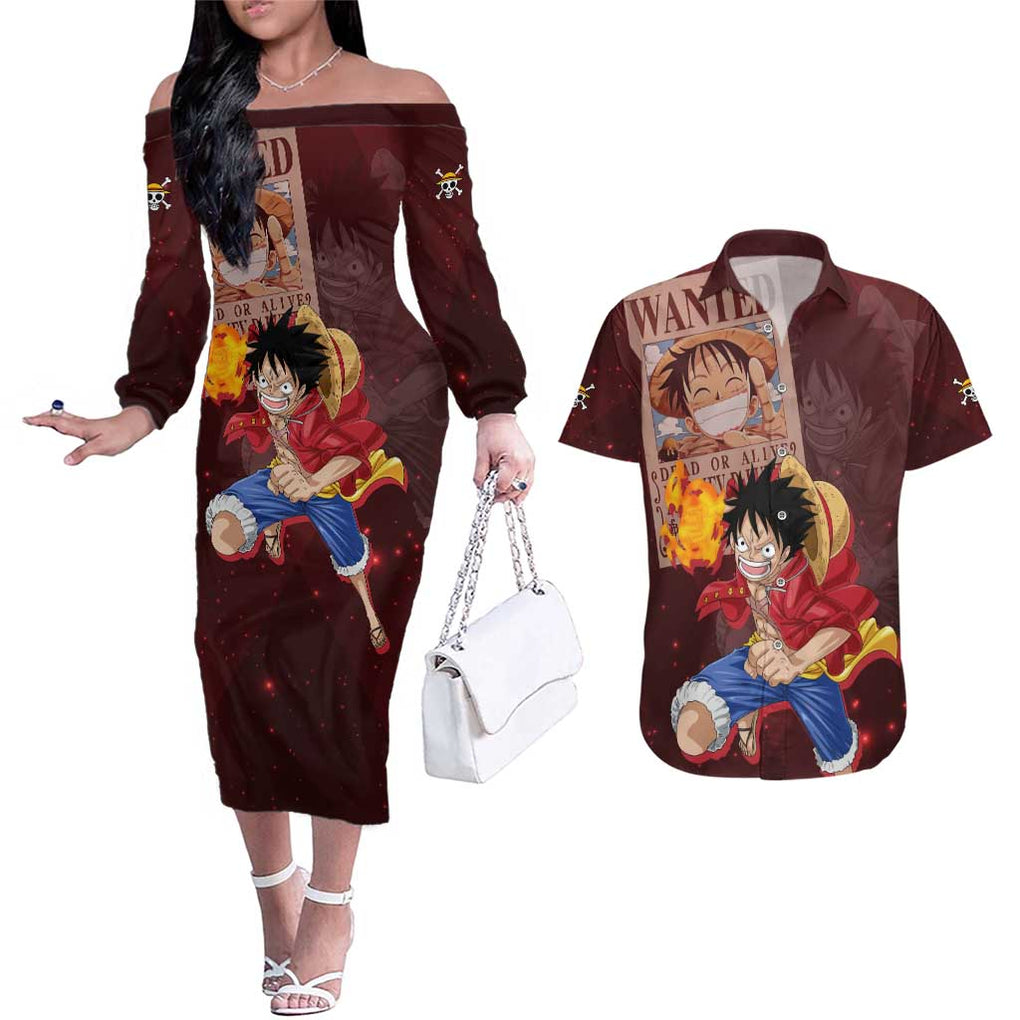 Luffy - Straw Hat - One Piece Couples Matching Off The Shoulder Long Sleeve Dress and Hawaiian Shirt Anime Style