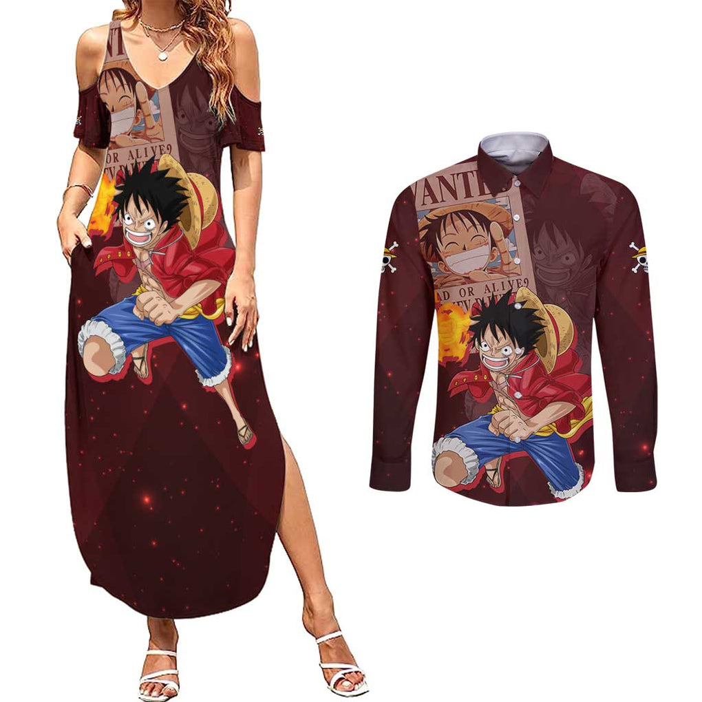 Luffy - Straw Hat - One Piece Couples Matching Summer Maxi Dress and Long Sleeve Button Shirt Anime Style