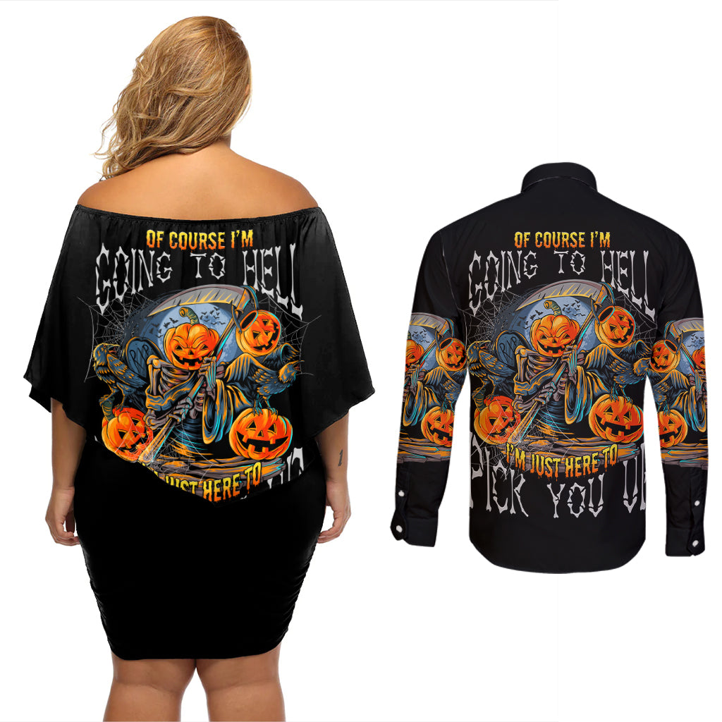 of-course-im-going-to-hell-skull-pumpkin-halloween-couples-matching-off-shoulder-short-dress-and-long-sleeve-button-shirt