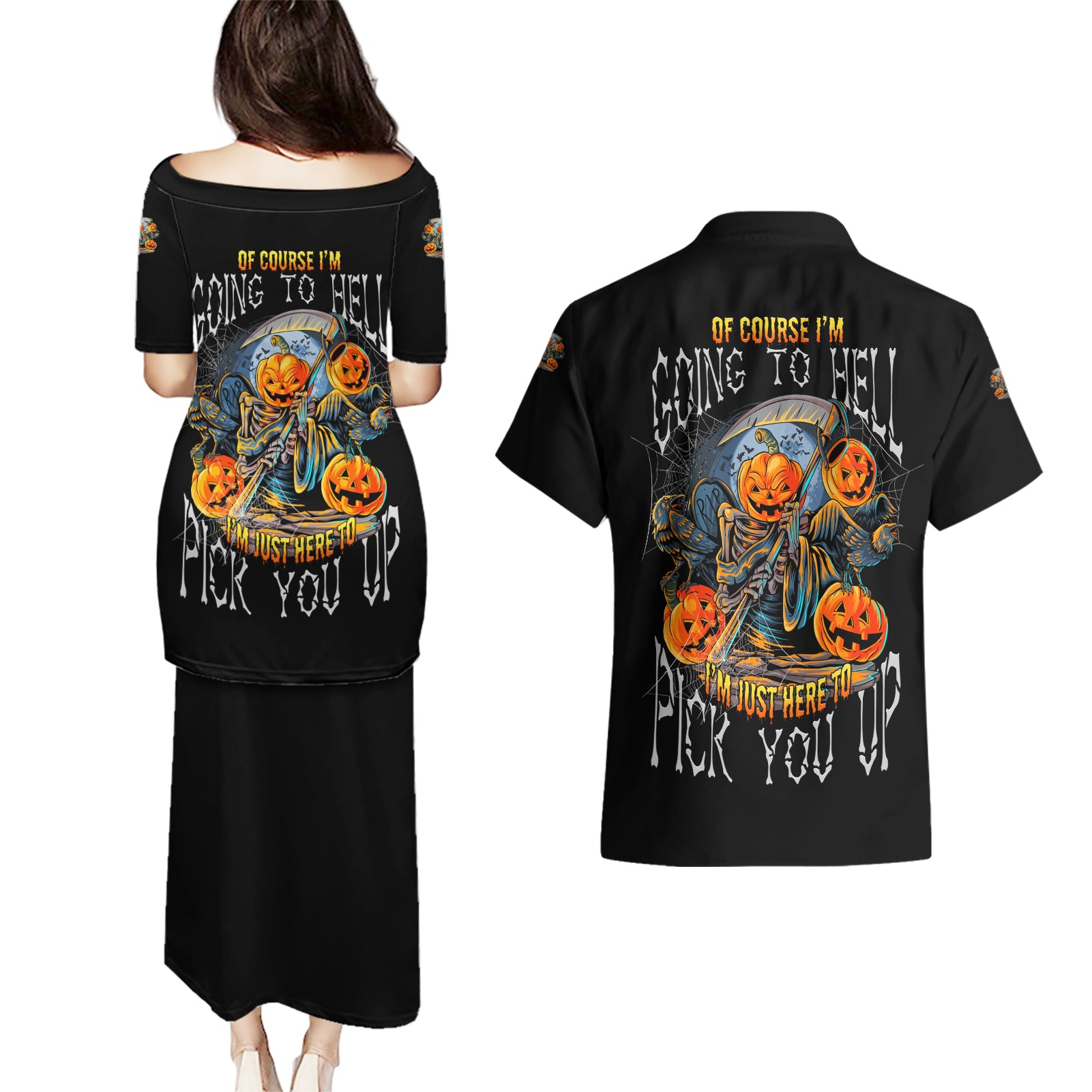 of-course-im-going-to-hell-skull-pumpkin-halloween-couples-matching-puletasi-dress-and-hawaiian-shirt