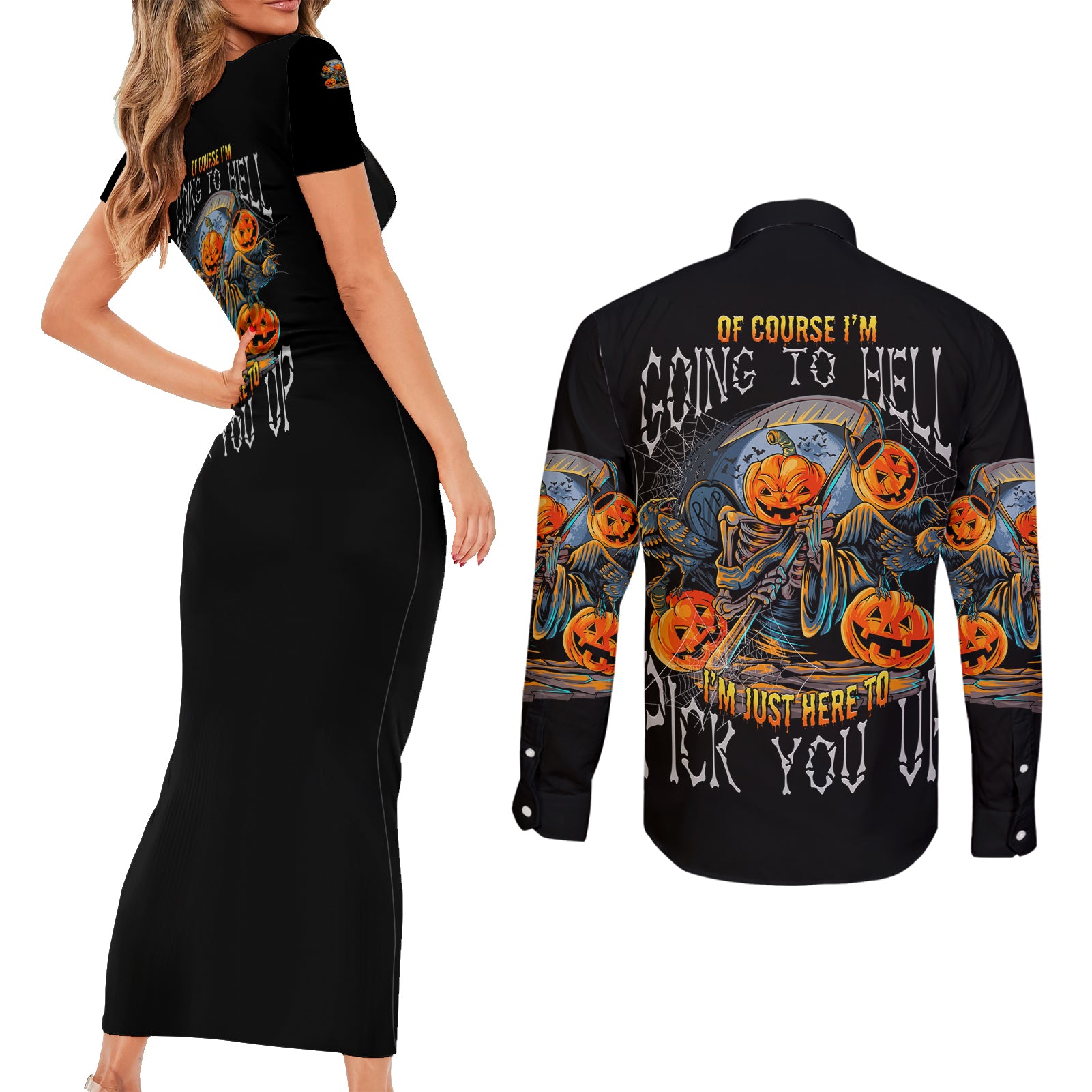 of-course-im-going-to-hell-skull-pumpkin-halloween-couples-matching-short-sleeve-bodycon-dress-and-long-sleeve-button-shirt