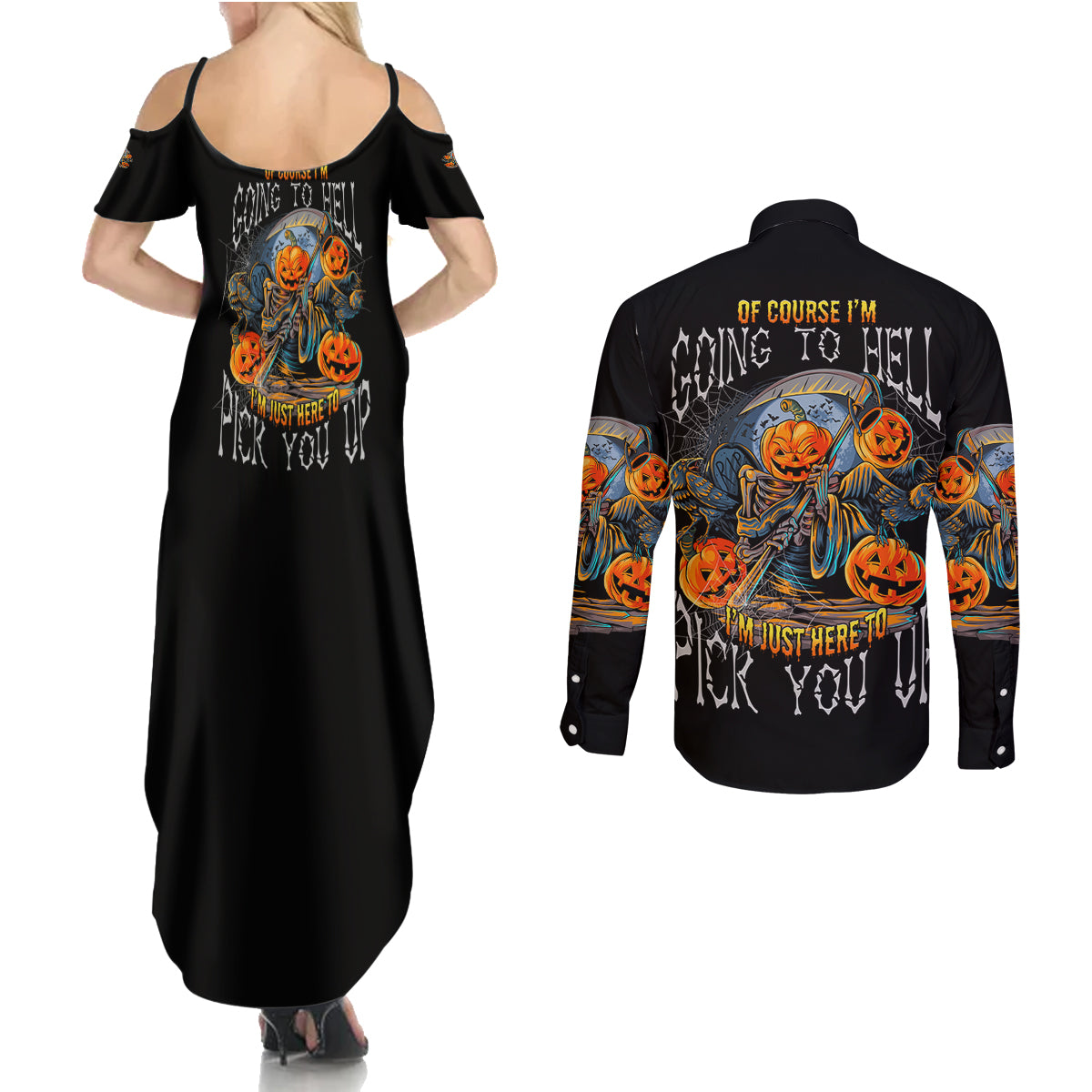 of-course-im-going-to-hell-skull-pumpkin-halloween-couples-matching-summer-maxi-dress-and-long-sleeve-button-shirt