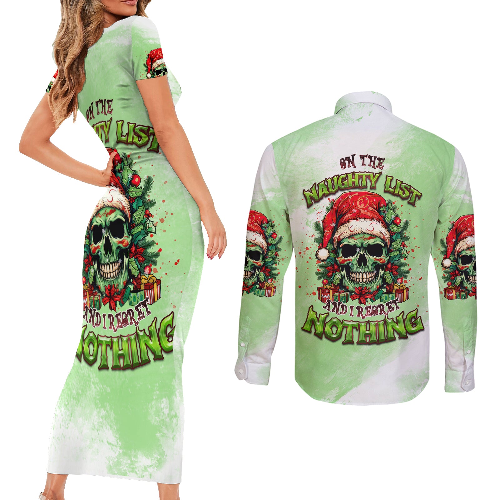 on-the-naughty-list-skull-christmas-couples-matching-short-sleeve-bodycon-dress-and-long-sleeve-button-shirt