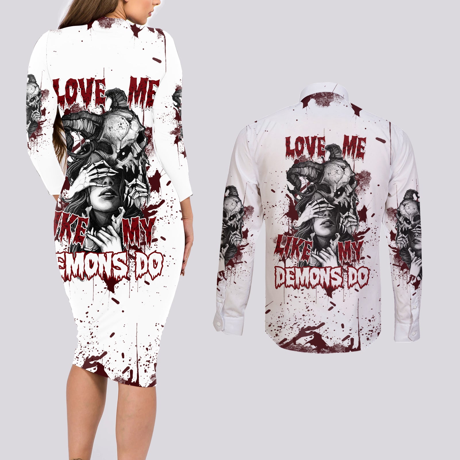 love-me-like-my-demons-do-skull-couples-matching-long-sleeve-bodycon-dress-and-long-sleeve-button-shirt