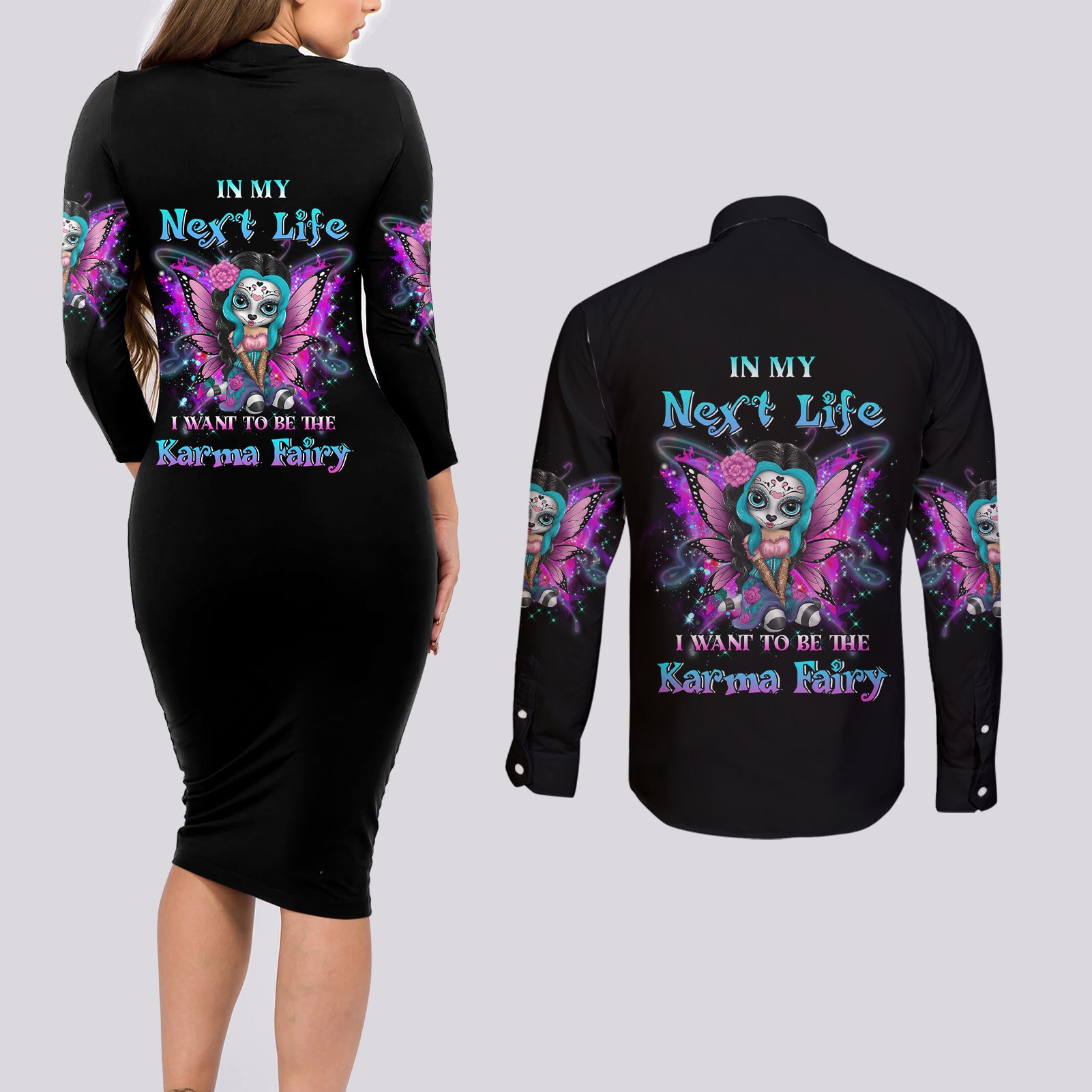 karma-fairy-sugar-skull-couples-matching-long-sleeve-bodycon-dress-and-long-sleeve-button-shirt