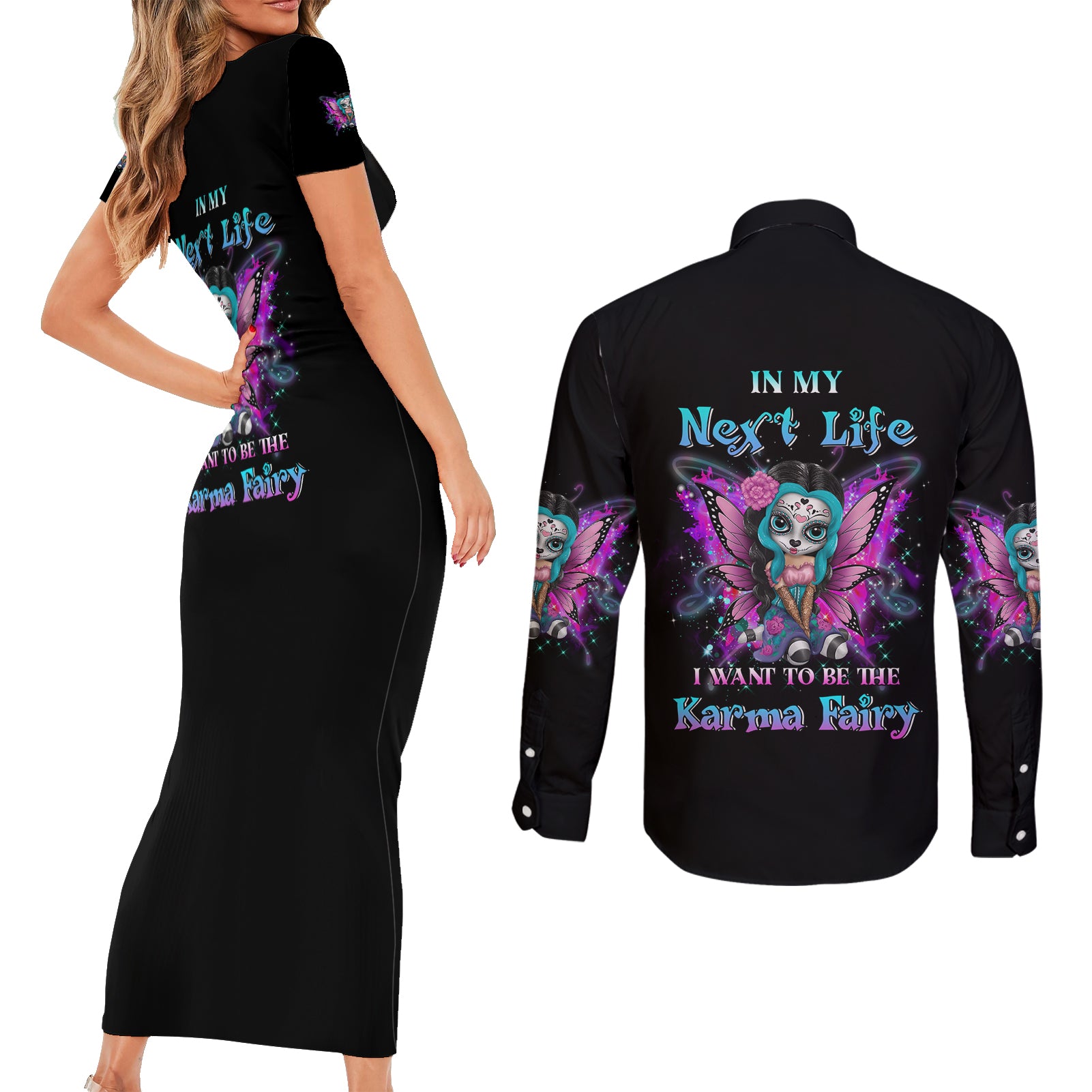 karma-fairy-sugar-skull-couples-matching-short-sleeve-bodycon-dress-and-long-sleeve-button-shirt