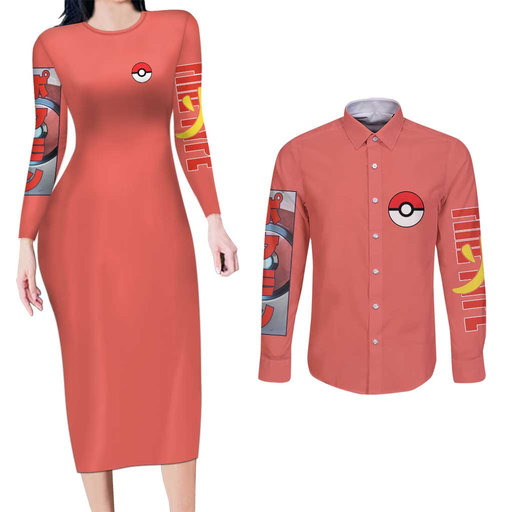 Fire Type Poke Couples Matching Long Sleeve Bodycon Dress and Long Sleeve Button Shirt Japan Anime Style