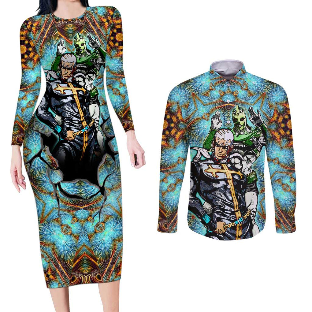 Trippy Enrico Pucci C-Moon Jojo’s Bizarre Adventure Couples Matching Long Sleeve Bodycon Dress and Long Sleeve Button Shirt Trippy Style