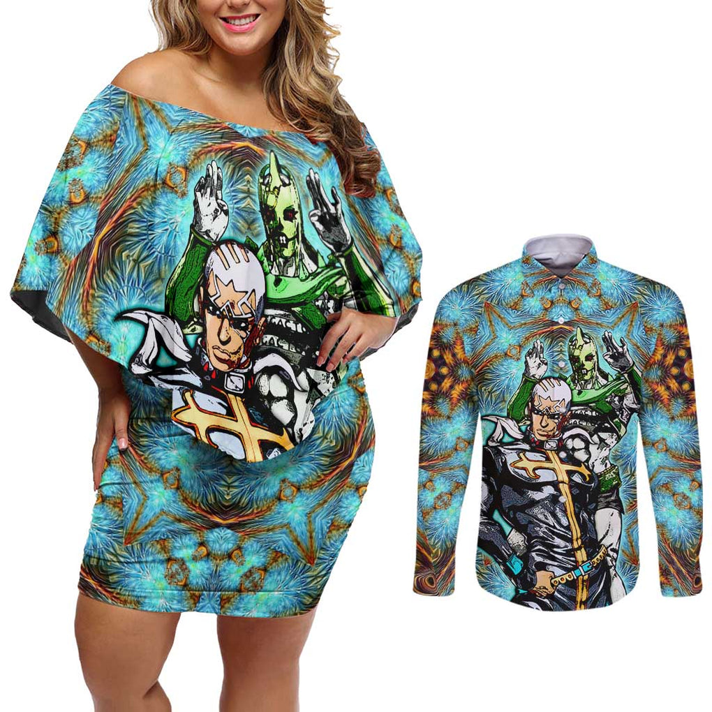 Trippy Enrico Pucci C-Moon Jojo’s Bizarre Adventure Couples Matching Off Shoulder Short Dress and Long Sleeve Button Shirt Trippy Style