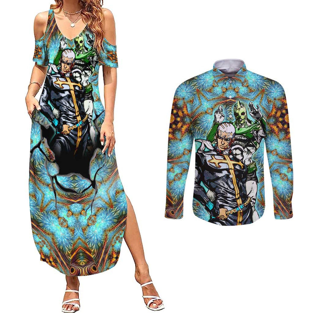 Trippy Enrico Pucci C-Moon Jojo’s Bizarre Adventure Couples Matching Summer Maxi Dress and Long Sleeve Button Shirt Trippy Style