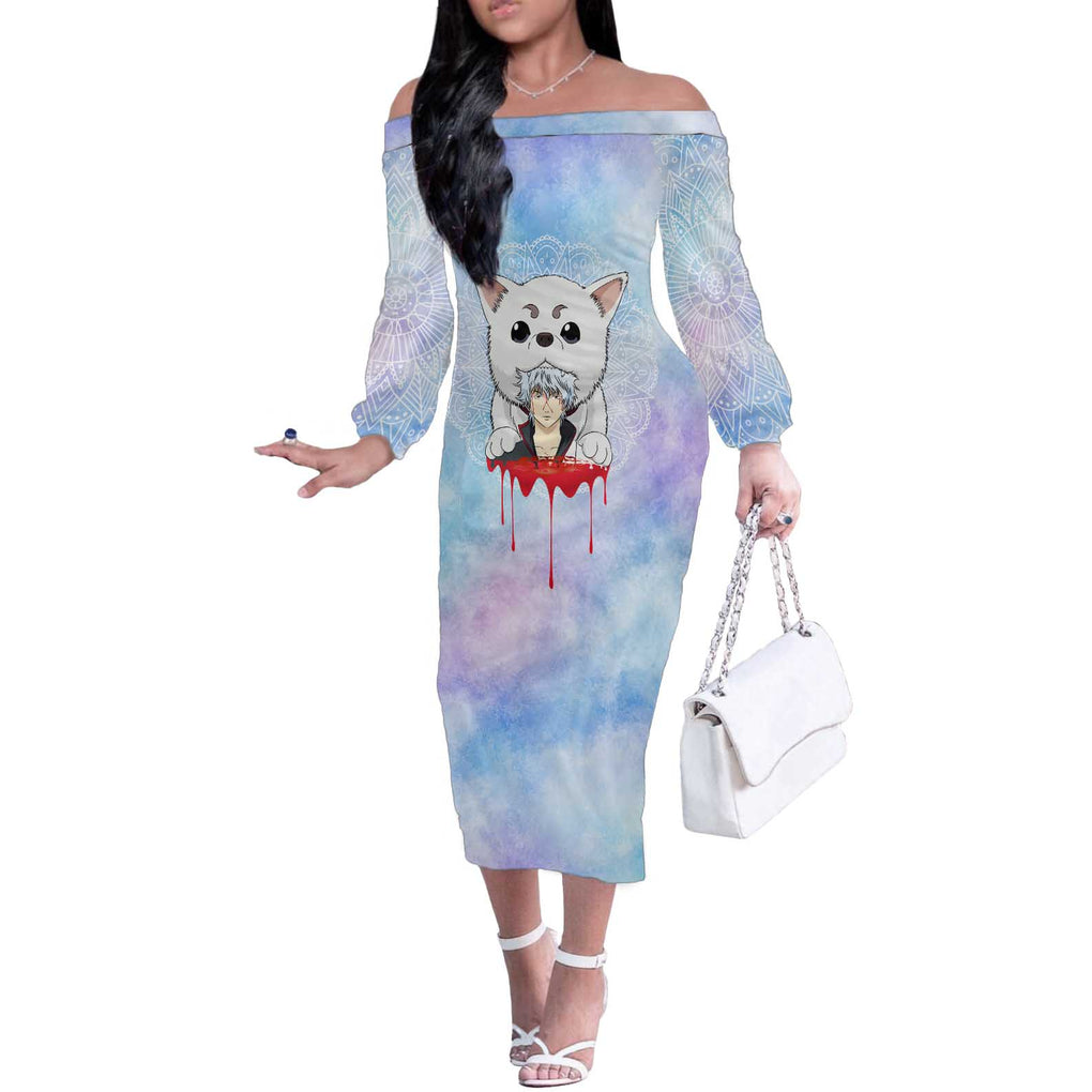 Gintoki and Sadaharu Gintama Off The Shoulder Long Sleeve Dress Mable Style