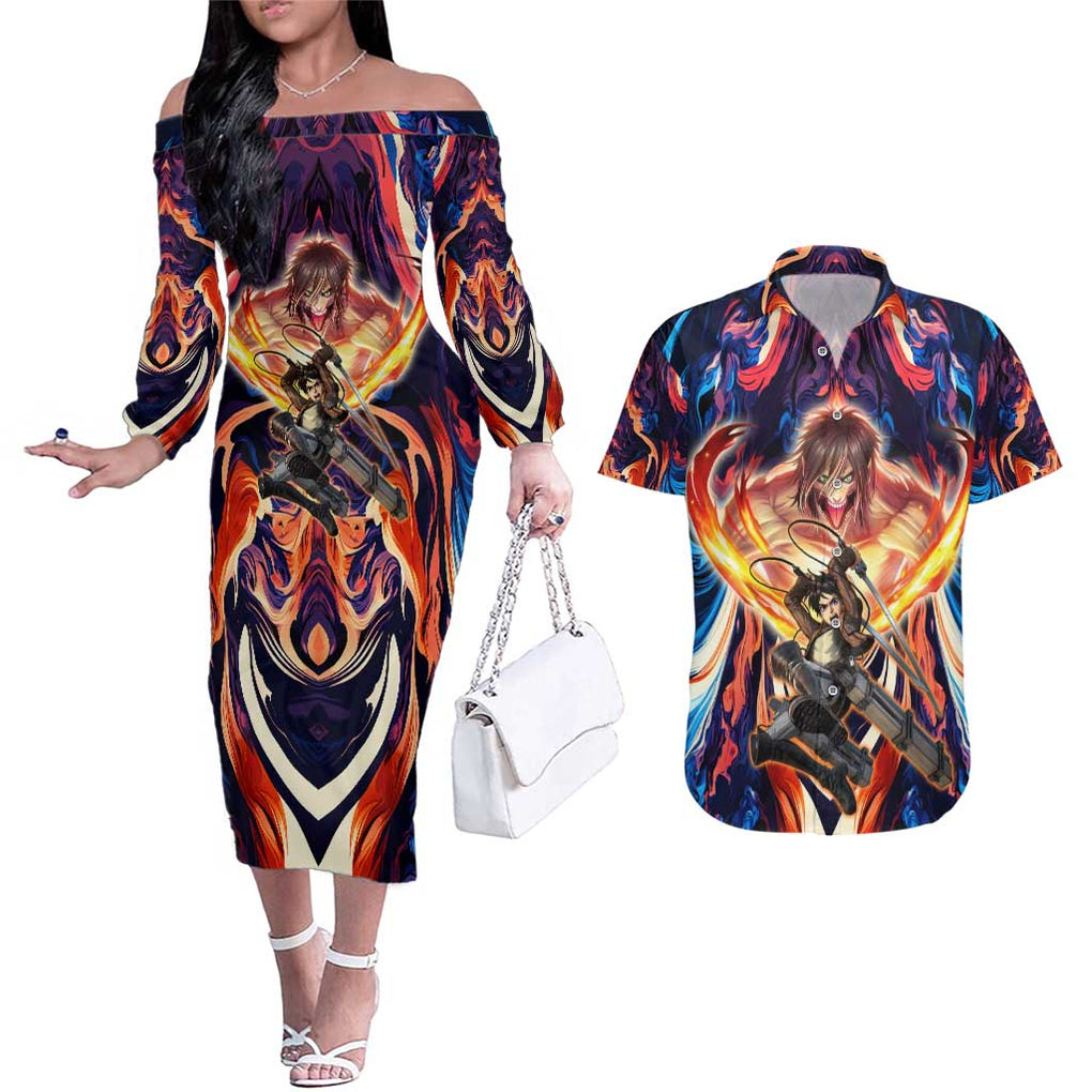 Trippy Eren Yeager Attack on Titan Couples Matching Off The Shoulder Long Sleeve Dress and Hawaiian Shirt Trippy Style