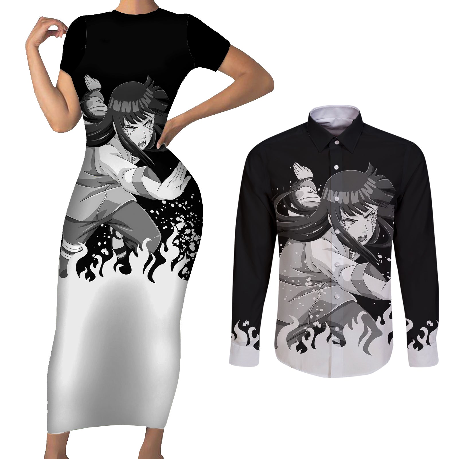 Hinata Hyuga - Naruto Couples Matching Short Sleeve Bodycon Dress and Long Sleeve Button Shirt