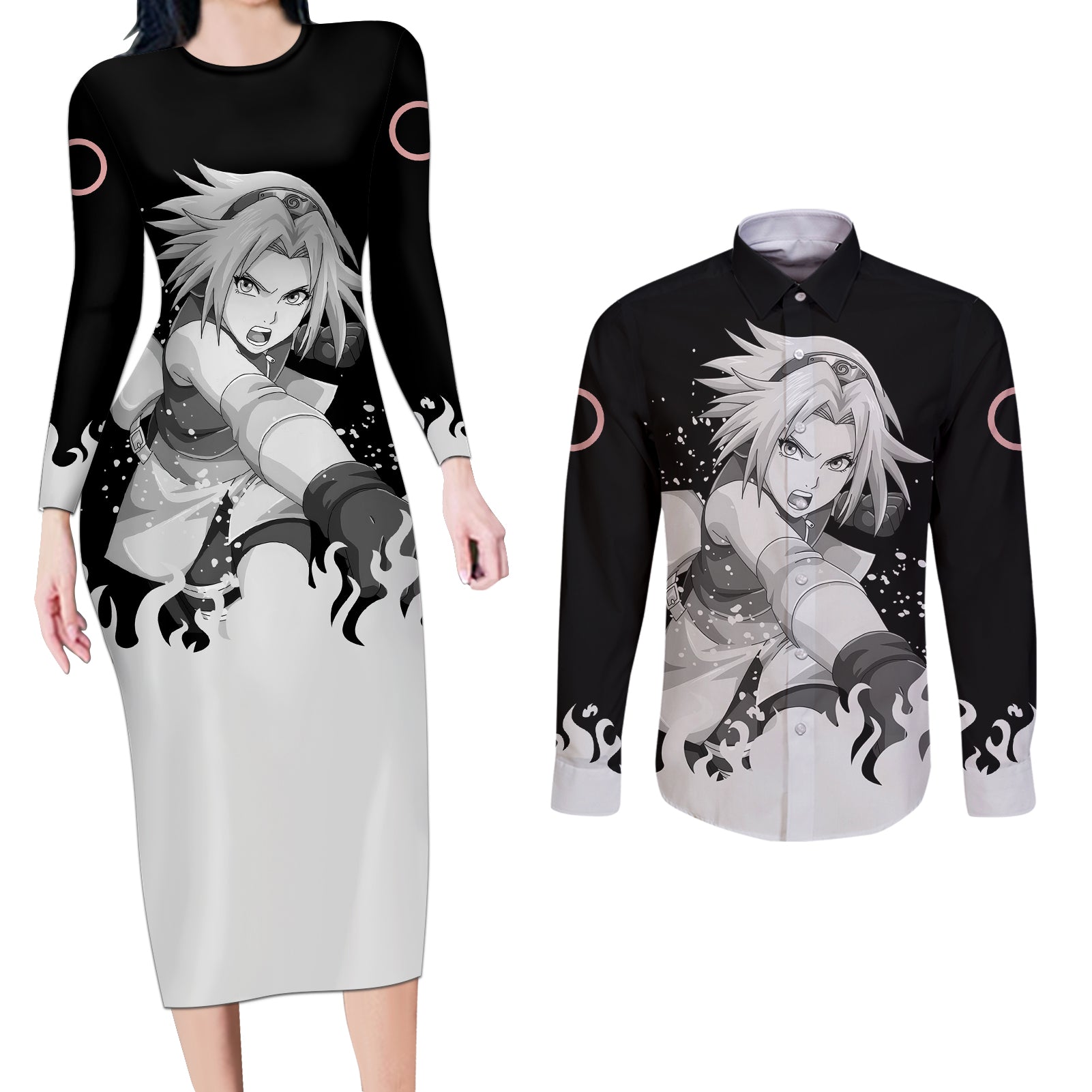 Sakura Haruno - Naruto Couples Matching Long Sleeve Bodycon Dress and Long Sleeve Button Shirt