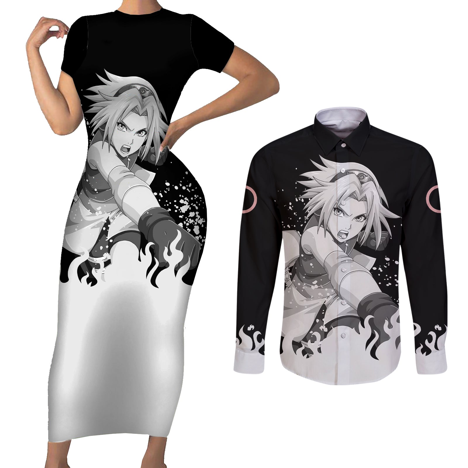 Sakura Haruno - Naruto Couples Matching Short Sleeve Bodycon Dress and Long Sleeve Button Shirt