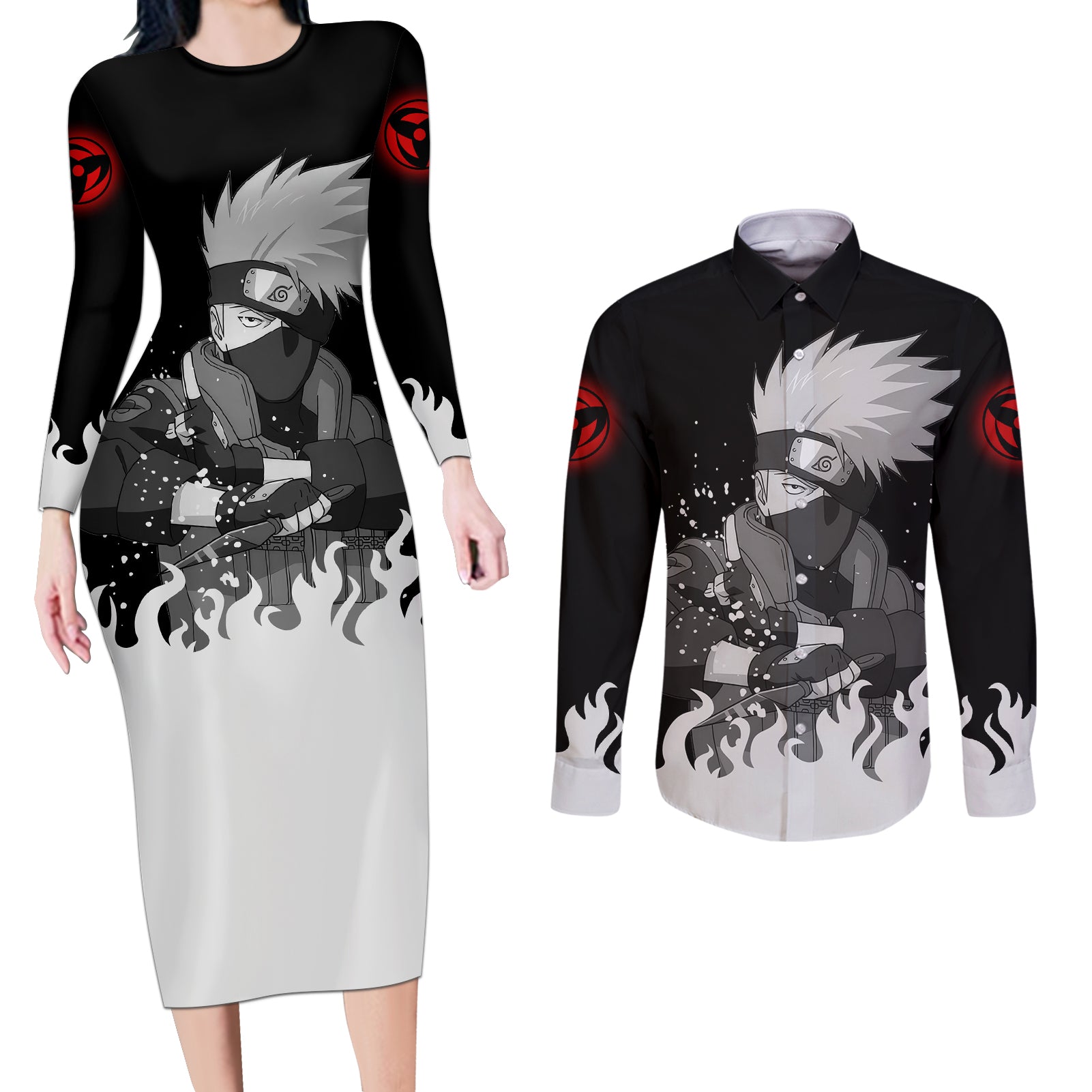 Kakashi Hatake - Naruto Couples Matching Long Sleeve Bodycon Dress and Long Sleeve Button Shirt