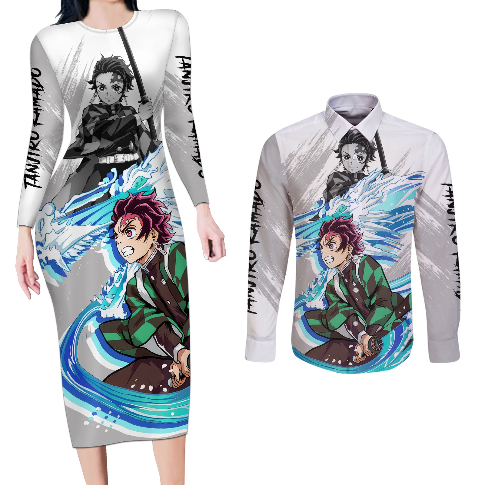 Tanjiro - Demon Slayer Couples Matching Long Sleeve Bodycon Dress and Long Sleeve Button Shirt