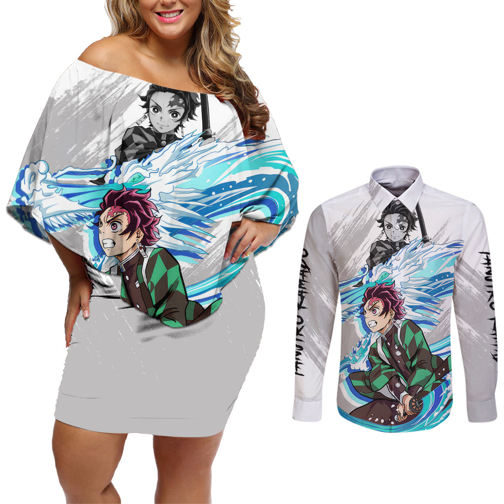 Tanjiro - Demon Slayer Couples Matching Off Shoulder Short Dress and Long Sleeve Button Shirt