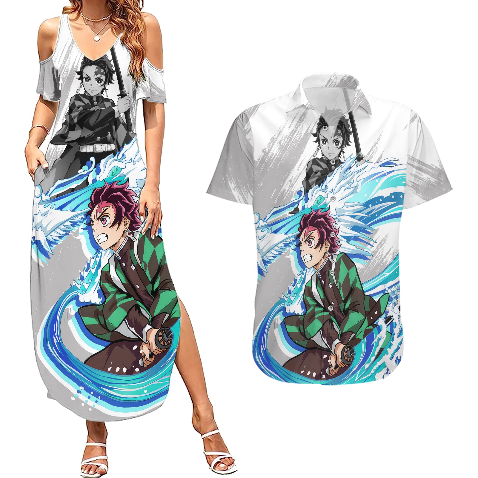 Tanjiro - Demon Slayer Couples Matching Summer Maxi Dress and Hawaiian Shirt