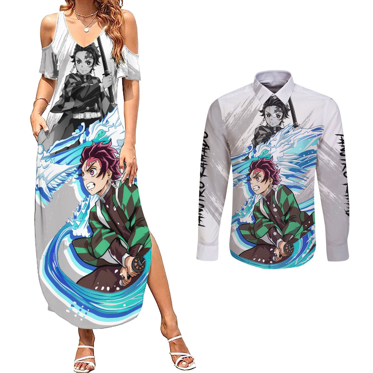 Tanjiro - Demon Slayer Couples Matching Summer Maxi Dress and Long Sleeve Button Shirt