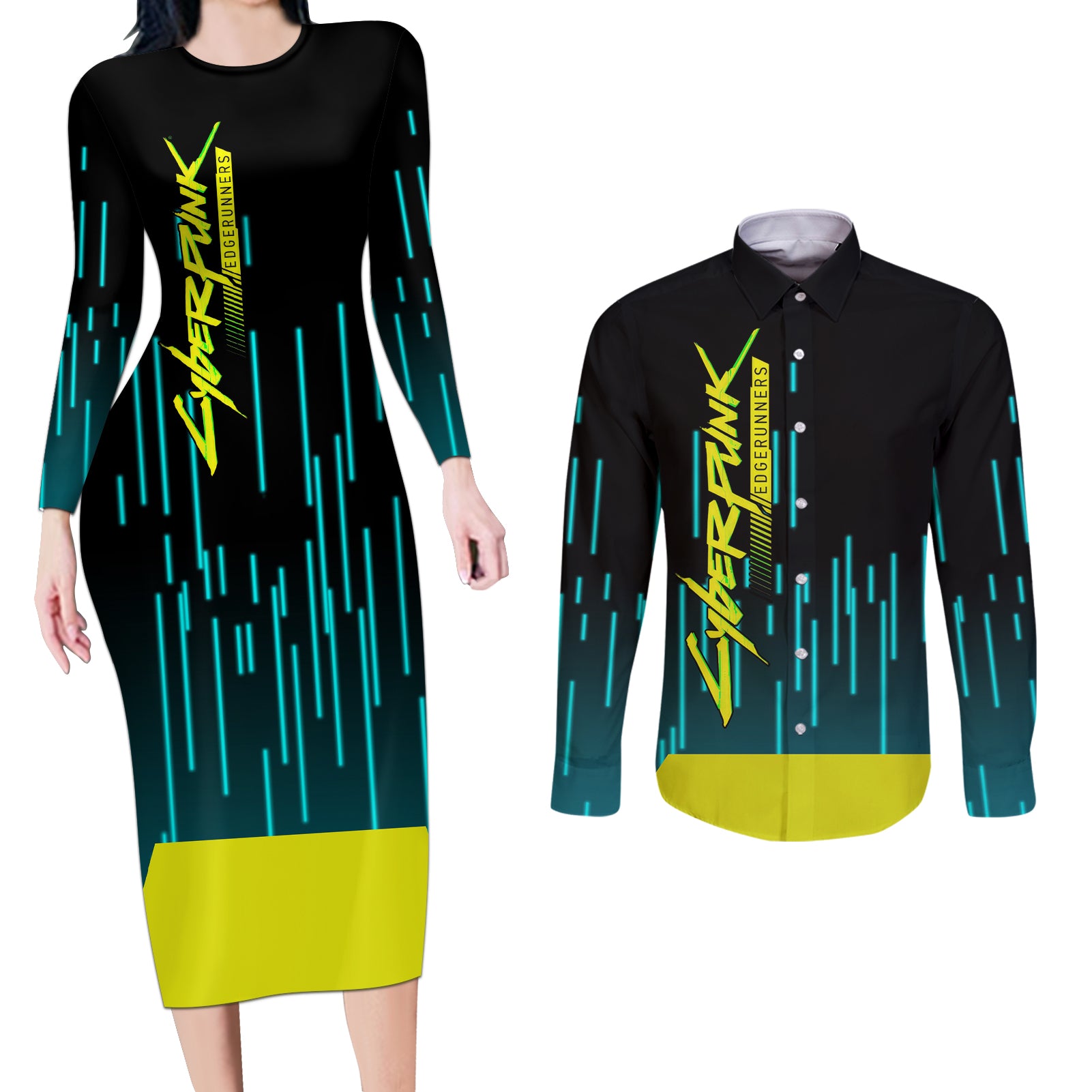 Cyberpunk Lucy Couples Matching Long Sleeve Bodycon Dress and Long Sleeve Button Shirt