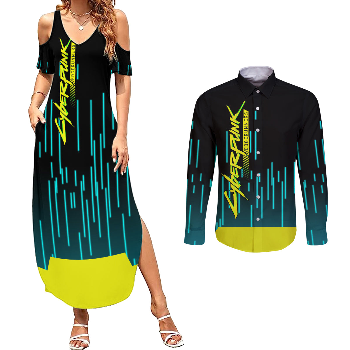 Cyberpunk Lucy Couples Matching Summer Maxi Dress and Long Sleeve Button Shirt