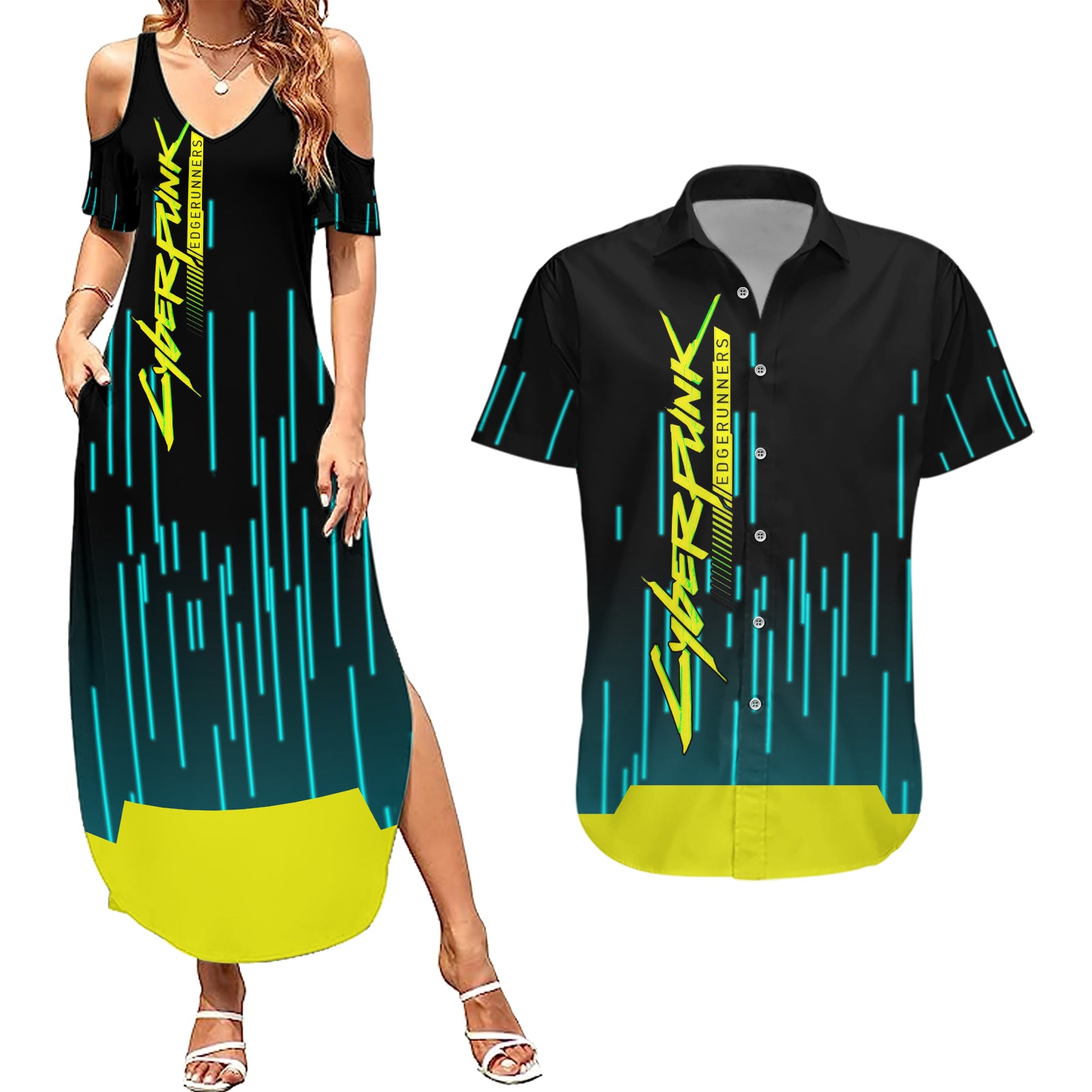 Cyberpunk Rebecca Couples Matching Summer Maxi Dress and Hawaiian Shirt